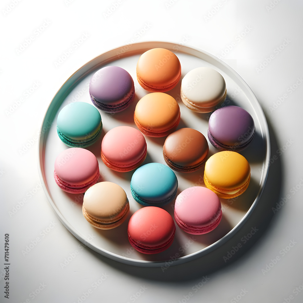 A plate of colorful macarons, each with a different flavor and color, arranged neatly on a plain white plate