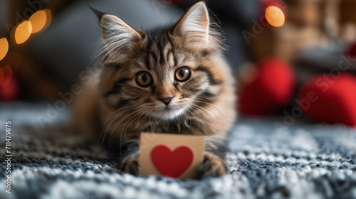 A fluffy Valentine's Day gift. Cute fluffy kitten playing With Red Heart Valentine's card on white plaid. Valentine's card in the paws of a kitten. Valentines Day background. Generative Ai