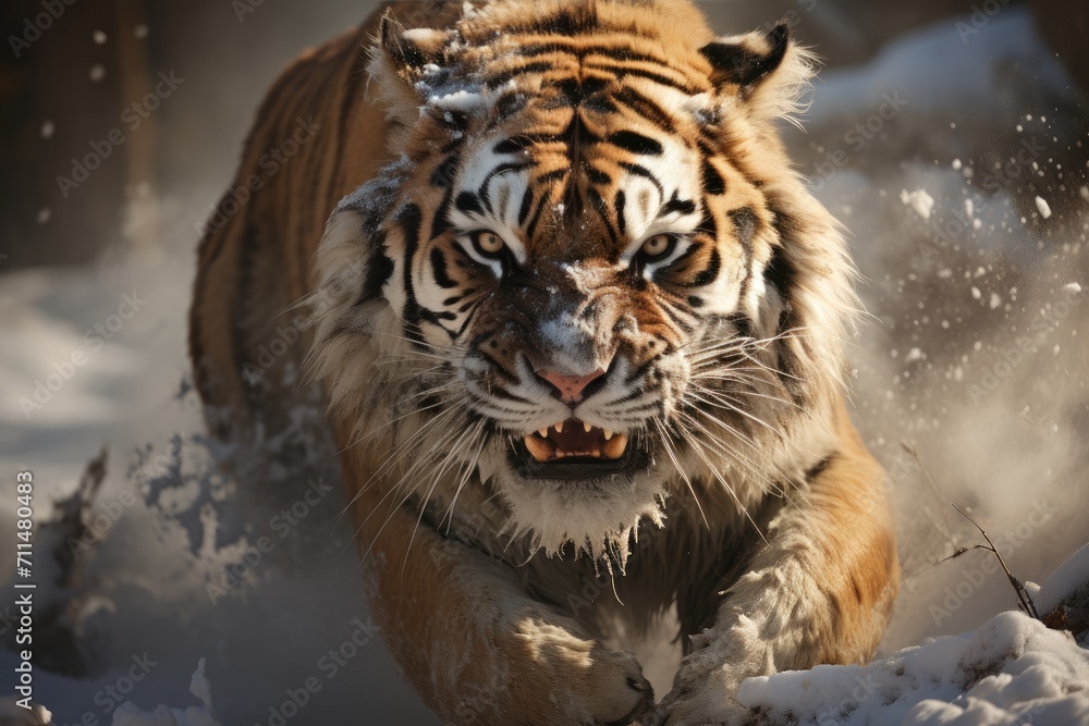 A majestic bengal tiger gracefully dashes through the wintry landscape, its fur blending with the snowy terrain as it embodies the untamed beauty and power of the wild