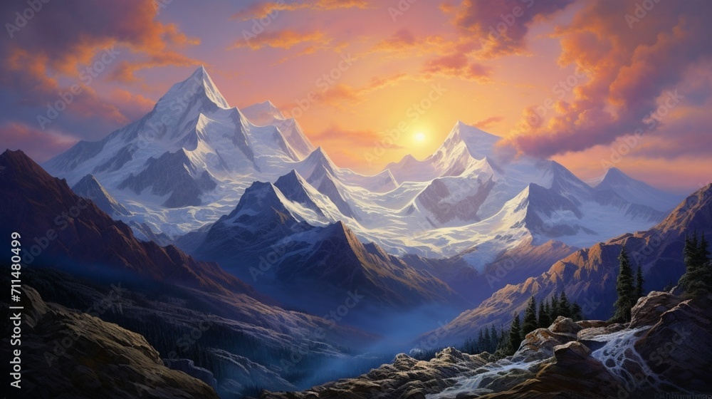 An ultra-realistic alpine landscape at twilight, capturing the ethereal beauty of a mountain valley, softly illuminated by a setting sun - Generative AI