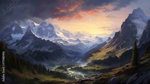 An ultra-realistic alpine landscape at twilight, capturing the ethereal beauty of a mountain valley, softly illuminated by a setting sun - Generative AI © Huzaifa