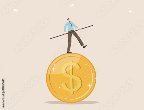 Stabilizing the economy during a stock market downturn, financial improvement, finding a survival strategy during a crisis, solving problems of declining business value, man balancing on dollar coin.