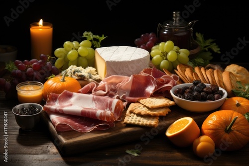 Indulge in a feast of vibrant produce, savory cheeses, and a flickering candle, all showcased on a rustic table for a delectable still life of wholesome, natural foods