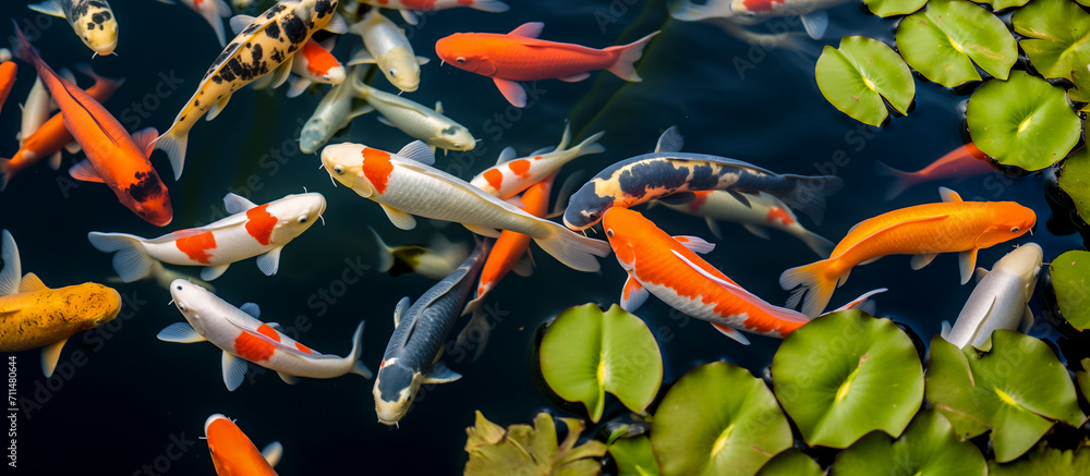 Kalpi Fish ornamental karpa koi fishes (Cyprinus carpio) swimming in a pond with ...