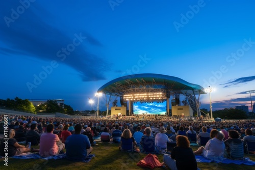 An open-air concert venue with attendees enjoying music under a twilight blue sky, Generative AI