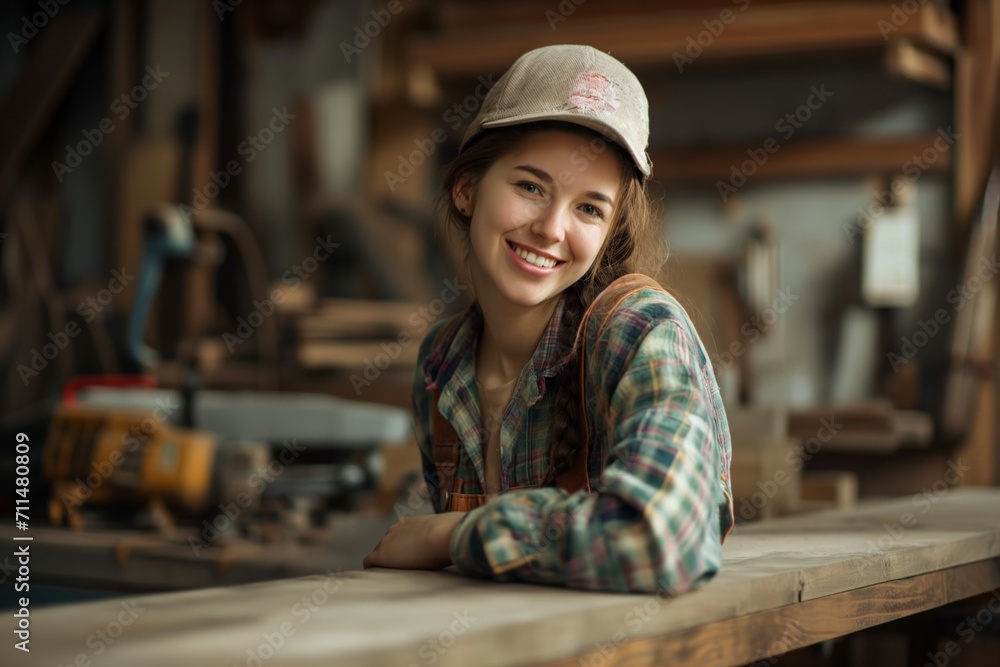 Young beautiful woman doing work in the carpenter DIY workshop room. Small Business owner, young woman who working at furniture factory. - obrazy, fototapety, plakaty 