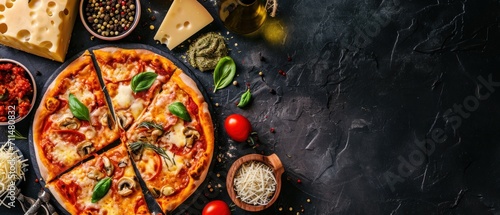 Top view of tasty pizza with ingredients on dark background, panoramic shot. Quattro Formaggi Pizza. Four cheese Pizza. Cheese Pull. Pizza on a Background with copyspace.