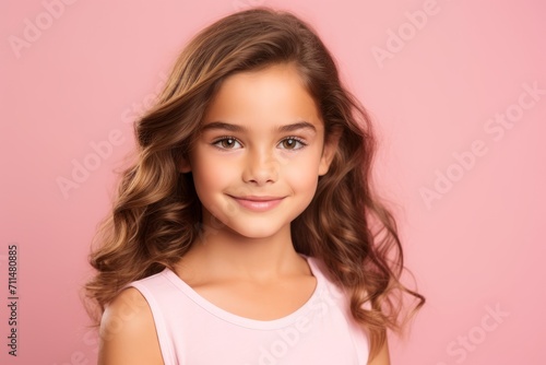 beauty  people and health concept - smiling little girl with long curly hair over pink background