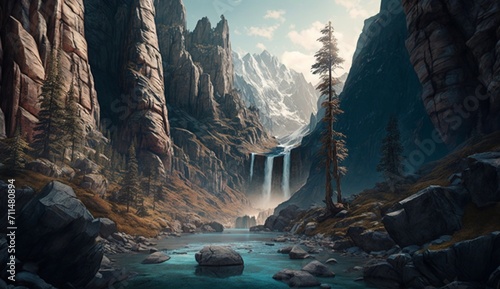 An ultra-realistic alpine scene showcasing towering cliffs and deep valleys, a glacial river carving through rocky terrain - Generative AI