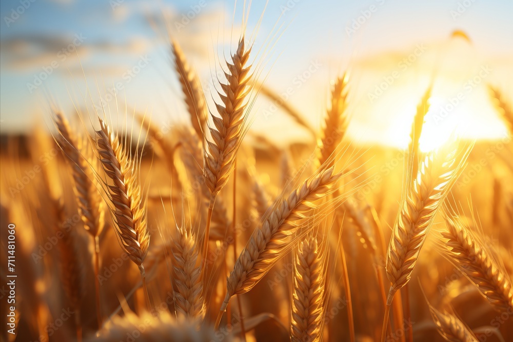 Golden harvest. beautiful sunset wheat field with macro ears in autumn agriculture landscape Golden harvest. beautiful sunset wheat field with macro ears in autumn agriculture landscape