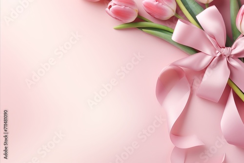 Spring tulip flowers on pink background. Greeting card for womens day and mothers day.