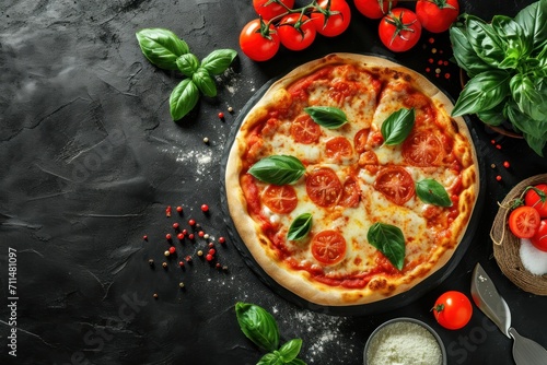 Composition with tasty pizza, tomatoes and basil leaves on black background. Quattro Formaggi Pizza. Four cheese Pizza. Cheese Pull. Pizza on a Background with copyspace.