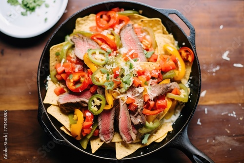 grilled nachos with steak strips and peppers