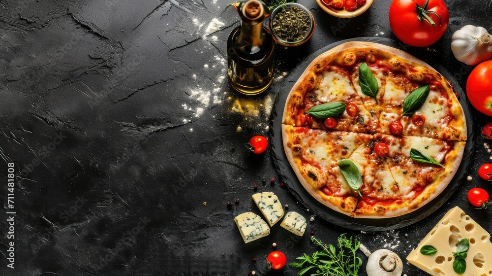 Pizza with mozzarella cheese, tomatoes and basil on a black background. Quattro Formaggi Pizza. Four cheese Pizza. Cheese Pull. Pizza on a Background with copyspace.