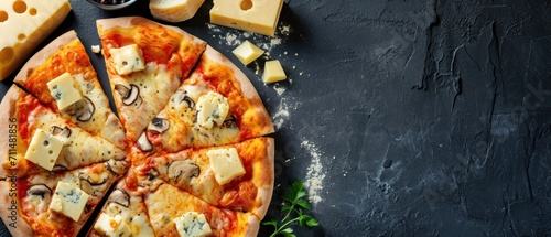Slices of pizza with mushrooms and cheese on a dark background. Quattro Formaggi Pizza. Four cheese Pizza. Cheese Pull. Pizza on a Background with copyspace.