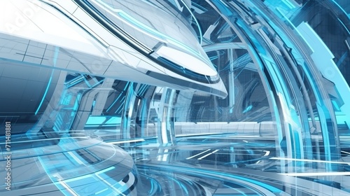 Futuristic tunnel, glowing lines and blue lights.