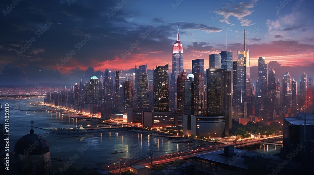 An ultra-realistic depiction of a bustling cityscape at twilight, featuring hyper-detailed skyscrapers, intricate street details, and cinematic lighting effects - Generative AI