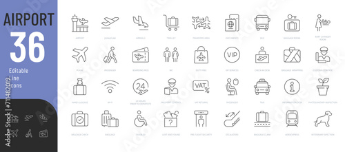 Airport Line Editable Icons set Vector illustration in modern thin line style of air station related icons: departure and arrival areas, passport control, luggage, and more. Isolated on white.
 photo