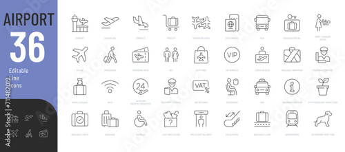 Airport Line Editable Icons set Vector illustration in modern thin line style of air station related icons: departure and arrival areas, passport control, luggage, and more. Isolated on white.
