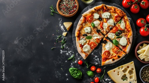 Pizza with mozzarella cheese, tomatoes, olives and basil on a black background. Quattro Formaggi Pizza. Four cheese Pizza. Cheese Pull. Pizza on a Background with copyspace.