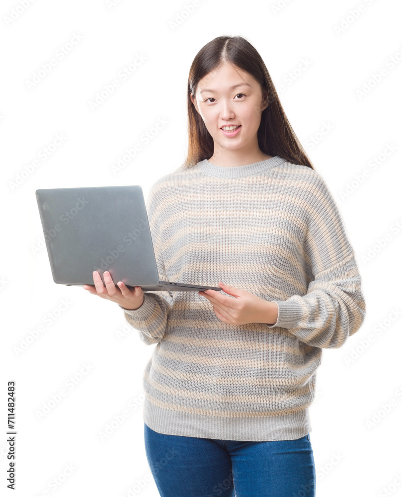 Young Chinese woman over isolated background using computer laptop with a happy face standing and smiling with a confident smile showing teeth Young Chinese woman over isolated background using computer laptop with a happy face standing and smiling with a confident smile showing teeth