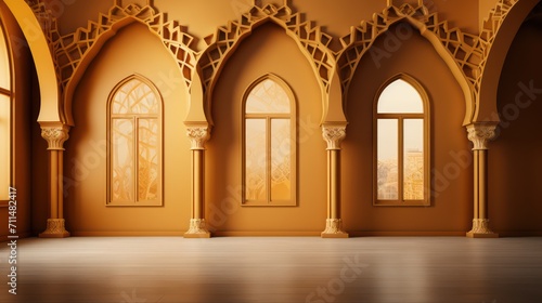 Ramadan kareem islamic greeting background with golden lantern on elegant podium