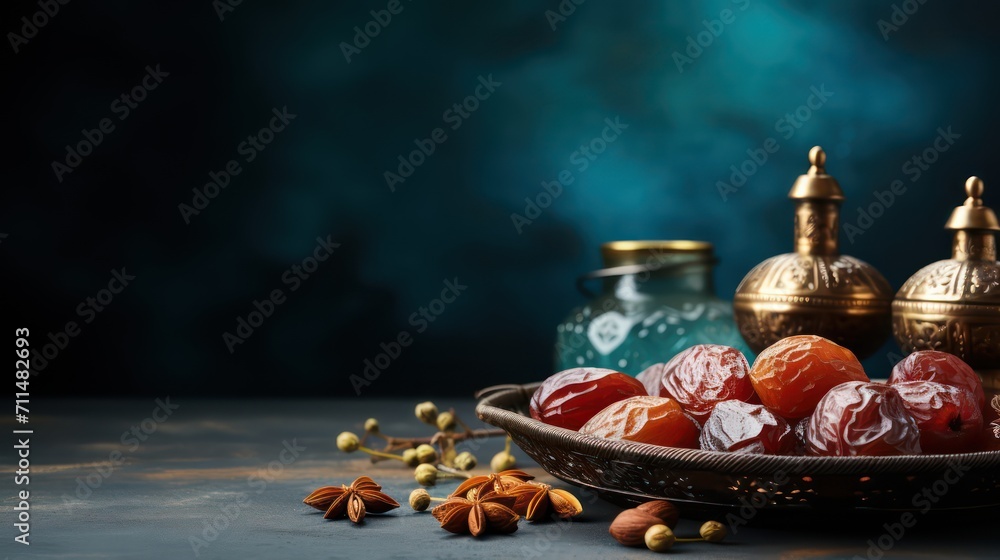 Fototapeta premium lantern placed on a wooden table with dried date and beautiful background for the Muslim feast of the holy month of Ramadan Kareem.