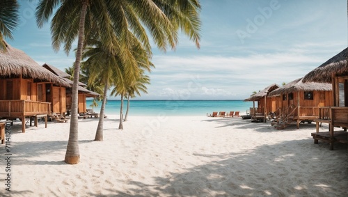 photo of rented cottage house on the beach with white sand and clear blue sea made by AI generative