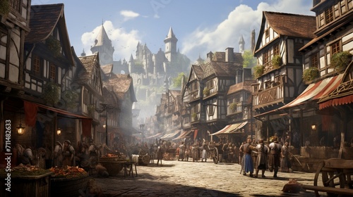 An ultra-realistic depiction of a bustling marketplace in a medieval town, capturing intricate architecture and detailed market stalls. - Generative AI photo