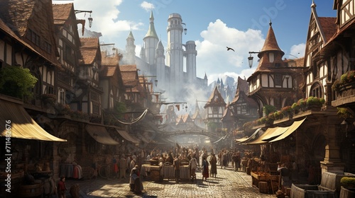 An ultra-realistic depiction of a bustling marketplace in a medieval town  capturing intricate architecture and detailed market stalls. - Generative AI