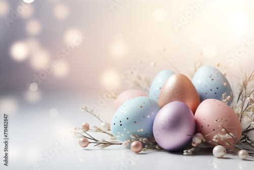 Pastel colored Easter eggs and flowers on sunny light background. Moody atmospheric image. Generative AI