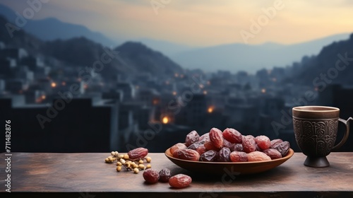 lantern placed on a wooden table with dried date and beautiful background for the Muslim feast of the holy month of Ramadan Kareem.