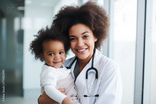 Pediatrician or Afro American female doctor holding little child in a hospital. Generative AI.