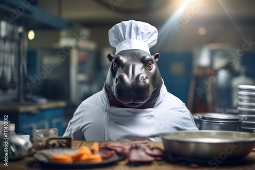 Hippopotamus as a chef cook in a restaurant kitchen.