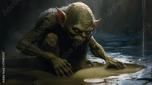 A goblin bathed in shadows its hunched form appearing resigned and exhausted. photo
