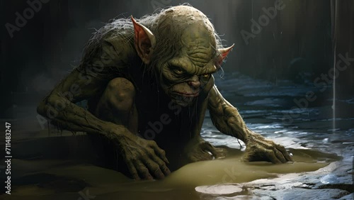 A goblin bathed in shadows its hunched form appearing resigned and exhausted.