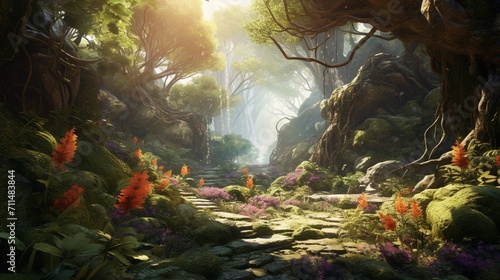 An ultra-realistic depiction of a lush forest, rich with detailed flora and fauna, highlighting intricate textures and natural lighting - Generative AI © Huzaifa