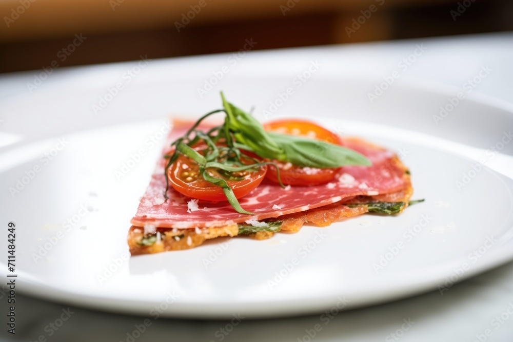pepperoni pizza slice on a white plate, basil garnish pepperoni pizza slice on a white plate, basil garnish
