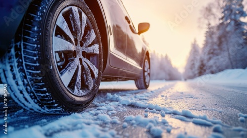 Aluminium alloy or steel auto wheel on the road with a winter landscape. Close-up of a car wheel with a rubber tire for winter weather. 