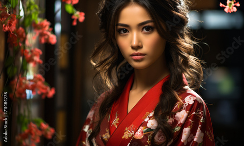 Elegant Asian beauty in traditional red kimono with cherry blossoms, embodying grace and cultural heritage