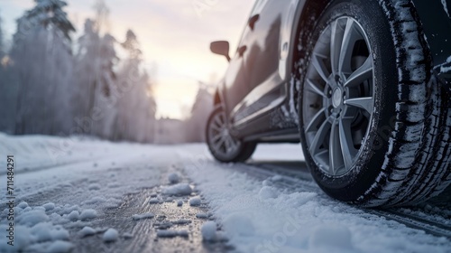 Aluminium alloy or steel auto wheel on the road with a winter landscape. Close-up of a car wheel with a rubber tire for winter weather.    © Emil