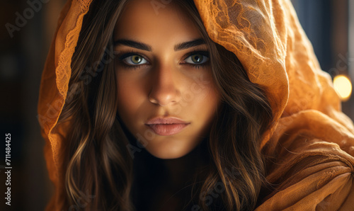 Enigmatic young woman in golden translucent veil with a captivating gaze, embodying elegance and mystery