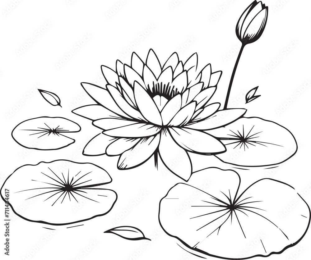 Fototapeta premium Waterlily vector illustration, beautiful flower bouquet, hand-drawn coloring pages and book of artistic, blossom flowers ballon, engraved ink art, bellflower tattoo designs