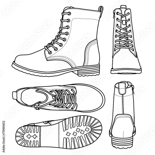 Technical sketch drawing of Women's Lace-Up Combat Boot Line Art, suitable for your custom woman shoes, outline vector doodle illustration, various view isolated with white background.     