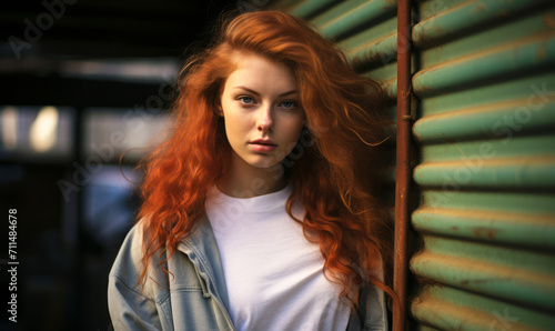 Redheaded Young Woman in Casual Outfit Leaning Against Rustic Metal Wall