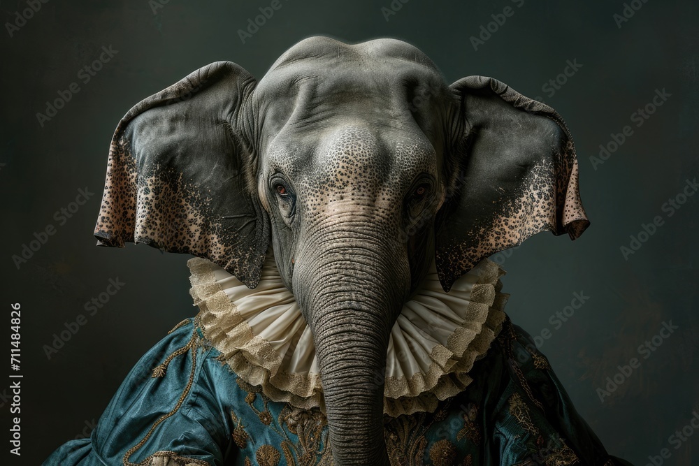 Elephant An animal in Renaissance clothes, in a baroque suit, a close-up portrait of a past era, fashionable vintage retro style