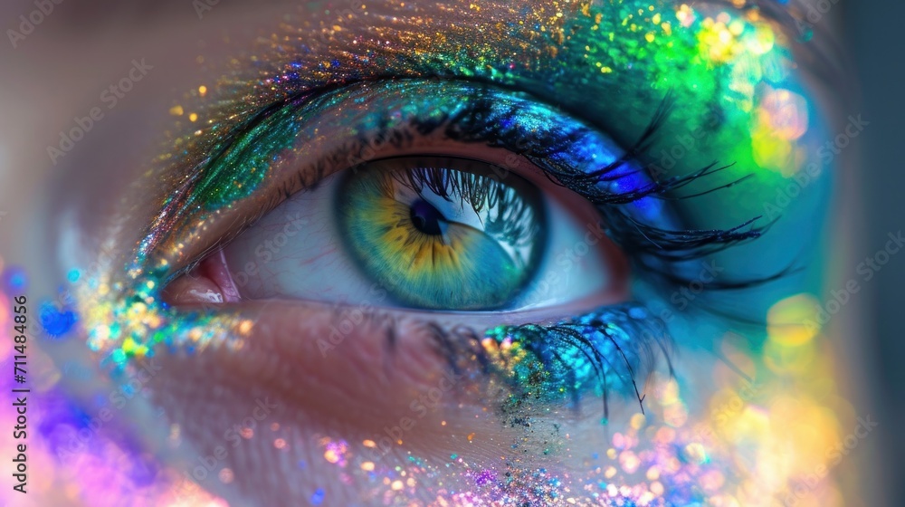Auge in Regenbogenfarben geschminkt     