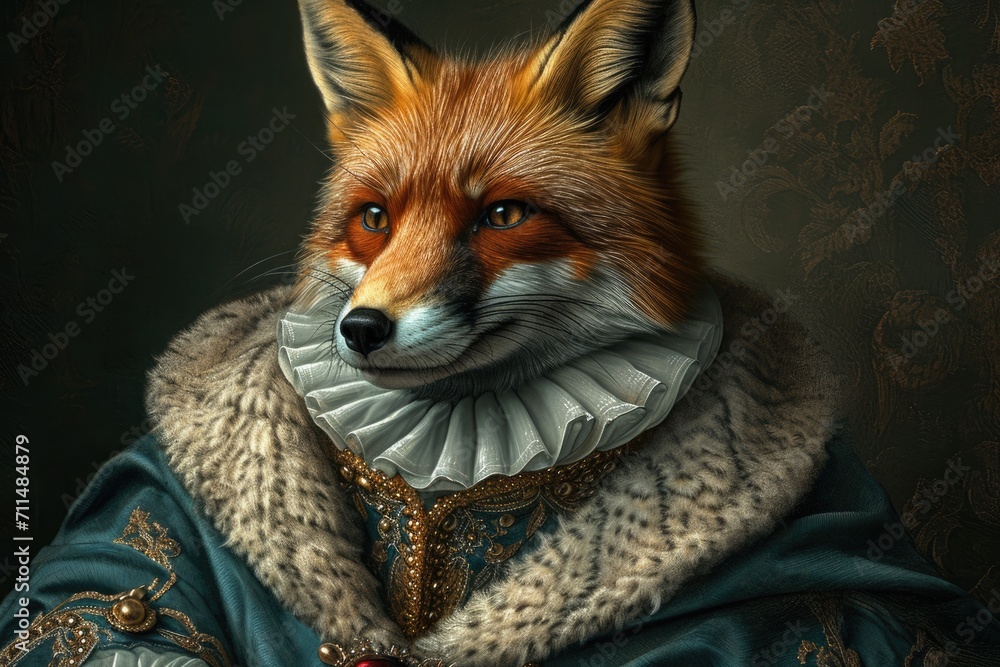 Fototapeta premium Fox An animal in Renaissance clothes, in a baroque suit, a close-up portrait of a past era, fashionable vintage retro style