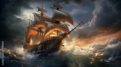 An ultra-realistic depiction of a sailing ship in the midst of a raging storm, turbulent seas and lightning strikes, capturing the intensity with intricate detail in a digital art form - Generative AI