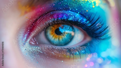 Auge in Regenbogenfarben geschminkt 